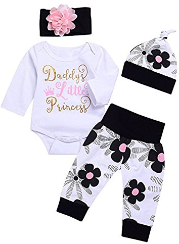 Juflam Nettes Neugeborenes Kinder Baby Mädchen Outfit Daddy Little Princess Strampler + Blumen Hose + Hut + Blumenstirnband 4er Set (12-18 Monate)