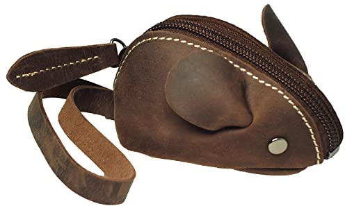 BAWAKO Porte-monnaie souris en cuir - Porte-clé - Porte-monnaie - Petit porte-monnaie, marron foncé, Vintage