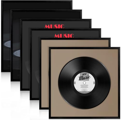 Treela 6 marcos de álbum de vinilo negro de 12.5 x 12.5 pulgadas, cubierta de marco de exhibición para montaje en pared, marco de aleación de aluminio, álbum de discos con vidrio pulido para regalo de