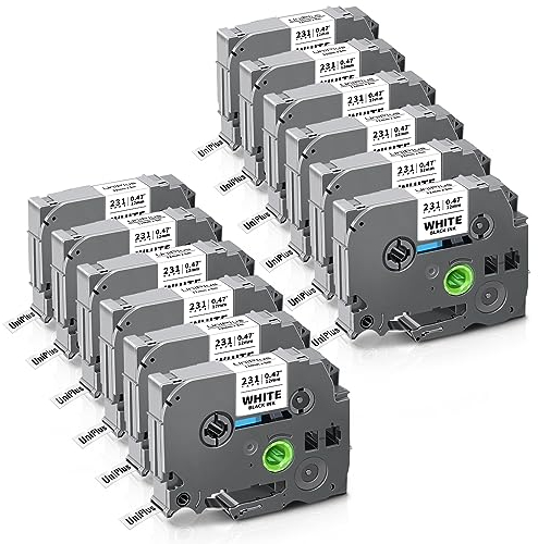 12x UniPlus Kompatibel Tze 0,47 Laminiertes Klebeband für Brother Tze-231 Tze231 TZ231 Tze-231s Beschriftungsband für Brother Beschriftungsgerät H105 H107B E100 P300BT H100R H110 D210 D400VP H200