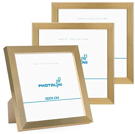 PHOTOLINI Bilderrahmen 15x15 Gold MDF-Holz, 3er Set Poster-Rahmen, bruchsicheres Acrylglas, zum Aufhängen & Aufstellen, extra Zubehör - für Fotos & Poster