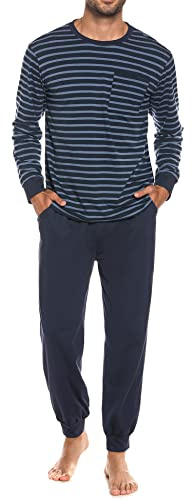 Sykooria Herren Schlafanzug lang mit Bündchen aus Baumwolle Zweiteiliger Pyjama Herren lang, Langarm Shirt & Schlafanzughose