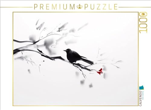 CALVENDO Puzzle Amsel und rote Blüten | 1000 Teile Lege-Größe 64 x 48 cm Foto-Puzzle für glückliche Stunden