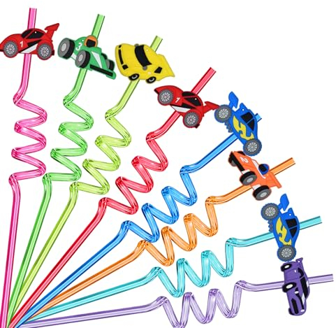 Ynaice 8 Stück Wiederverwendbare Trinkhalme, Neuheit Rennwagen Geburtstag Party Strohhalme Plastik Strohhalme Rennauto Party Zubehör Geburtstag Deko für Kinder