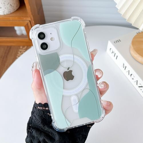 DEFBSC Magnetic Case for iPhone 12/iPhone 12 Pro,[Compatible with MagSafe], Color Mix Aesthetic Design Cute Slim Acrylic Back Soft Shaped with Built-in Bumper Protective Phone Case - Green