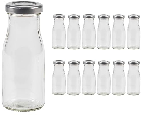 Vitrea 12 leere Glasflaschen 150ml Schraubverschluss Silber - Milchflaschen, Saftflaschen, kleine Flaschen zum Befüllen mit Deckel - für Milch, Saft, Smoothies, Öl - 12 Stück, TO43, Epi