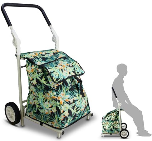 Tmz Einkaufstrolley 120L groß, Einkaufstasche mit Rollen klappbar, Einkaufswagen bis 50kg, Trolley mit Sitz, Großvolumiger Einkaufswagen für den Wochenmarkt（Tropischer Stil）
