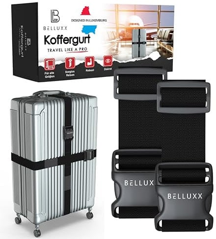 BELLUXX® Premium Koffergurt, Kofferband mit Kreuzverbindung, Koffergurt für Geschäftsleute und Familie, zuverlässiges Kofferband Gurt (Schwarz)