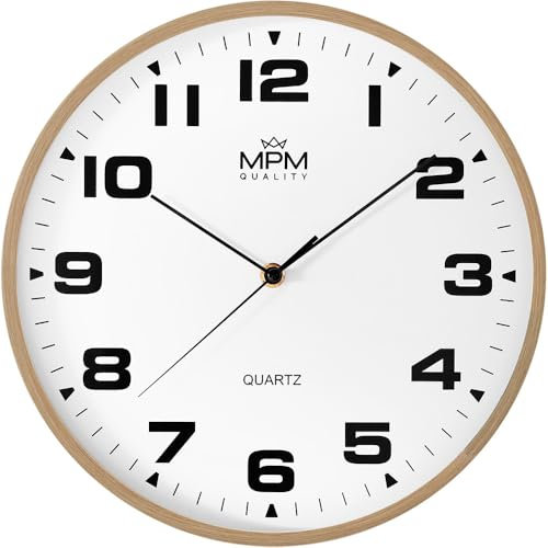 MPM Quality Wanduhr Madera B, Weiß/Braun, Moderne Kunststoff, schöne Dekoration für jeden Raum, Ø 304 mm, Designelement, perfekt als Küchenuhr, Wanddekoration, Wohnzimmer, Büro