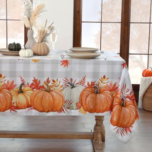 Softalker Autumn Table Cloth Orange Pumpkin White & Grey Gingham Tablecloth Wipe Clean Rectangular 140x200 cm Water Resistant Fall Tablecloths for Party Halloween Thankgiving Table Decorations Home
