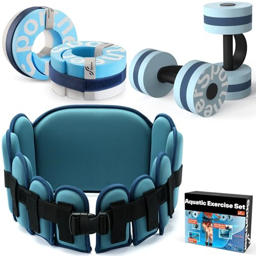 Sportneer 3-in-1 Wassergymnastik Zubehör Set: Aquafitness Zubehör Pool-Trainingsgeräte Set enthält einem Paar hochdichter Wasserhanteln, einem Aquagürtel und 2 Wassermanschetten, Blau