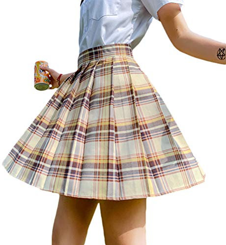 Minetom Damen Kariert Kilt-Rock Faltenröcke Tartan Minirock Hohe Taille Kurz Skirt Skater Rock Informell Mini Glocken Rock Gelb XS