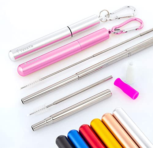 YavaYa® Edelstahl Strohhalm wiederverwendbar Teleskop 2er Set | Reinigungsbürste Karabiner Alu-Hülle Silikon-Spitzen | Stylischer Trinkhalm Metall zum Mitnehmen | Easy Reinigen | Gratis eBook