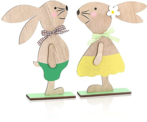 Meleager Osterhasen Deko, 2 Stück Osterdeko aus Holz, Deko Aufsteller für Ostern, Hasen Holz als Tischdekoration für Ostern, Frühling Dekoration, Osterhasen Holzdeko zum Hinstellen (Grün und Gelb)