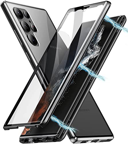 Hülle für Samsung Galaxy S22 Ultra 5G Ganzkörper Schutzhülle, Magnetische Metallstoßstangen Handyhülle 360 Grad Full Body Vorne hinten Gehärtetes Glas Cover Einteiliges Dünn Transparente Case,Schwarz