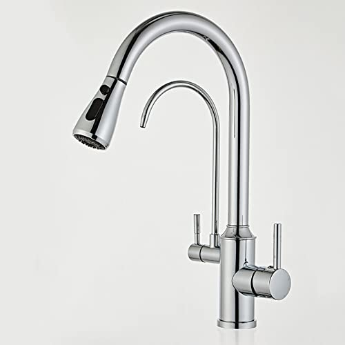 Küchenarmatur 3 Wege mit Brause Ausziehbar, Wasserhahn Küche Edelstahl Gebürstet Waschtischarmatur Drehgelenk Multifunktion Spültischarmatur Küche-Chrom