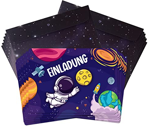TOBJA® 12x Einladungskarten Kindergeburtstag Astronaut inkl. Umschläge - Einladung für Kinder mit Glitzer | Einladungskarten All Geburtstag Jungen | Auch zur Einschulung o. Partyeinladungen