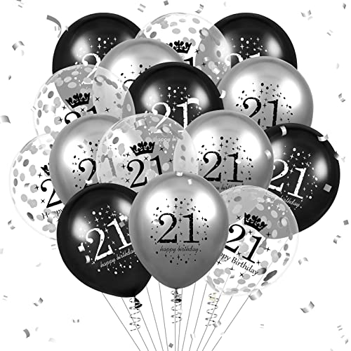 Luftballon 21. Geburtstag Deko 15 Stück Schwarz Silber Ballons - 21 Jahre Geburtstagsdeko Happy Birthday Deko Latex Konfetti Ballon für Männer Frauen 21. Jubiläum Geburtstag Party Dekoration 12Zoll