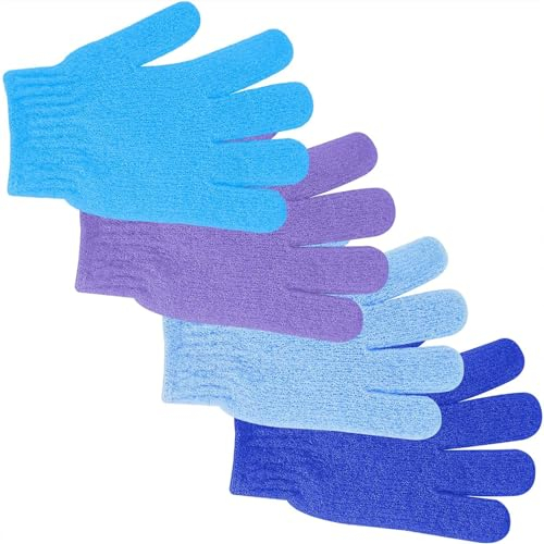 4Pcs Exfoliating Gloves - Bamboo Shower Gloves - Bath and Body Exfoliator Mitts - Scrubs Away Ingrown Hair and Dead Skin - for Shower, Spa, Massage and Dead Skin Cell Remover Loofah - 4 Colours
