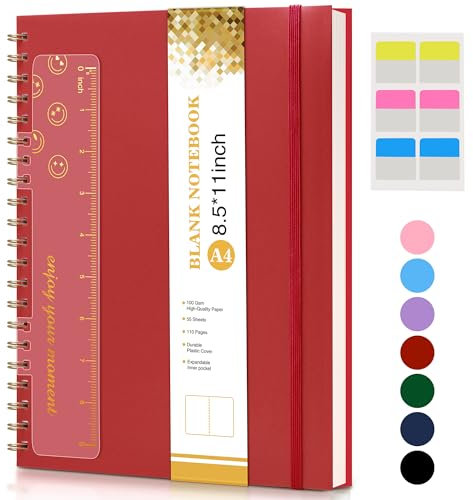 Blank Notebook, Spiral Notebook Journal 8.5” x 11”, A4 Large Blank Notebooks for Women Men, 100 GSM Paper, Plastic Hardcover Spiral Blank Journals for Writing Work School Sketching Business, Red