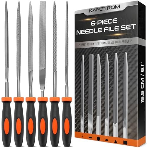 KapStrom Needle File Set, 6 Needle Files for Wood, Metal, Plastic & Jewellery, Includes Small Round, Half-Round, Square, Triangle, Flat & Flat Pointed Files, Carpenter’s Toolkit for Fine Finishing