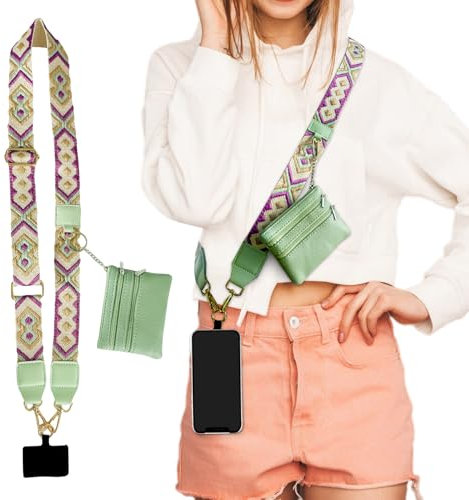 Sesameless Crossbody Phone Strap With Zippered Pouch, Adjustable Lanyard Neck Wristlet Strap Chain String Phone Accessories (Green)
