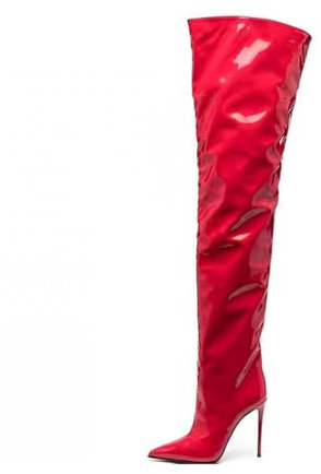 MANYUBEI Stivali sopra Il Ginocchio da Donna, Stivali in Vernice Rossa di Grandi Dimensioni Stivali Alti alla Coscia con Tacco A Spillo E Punta A Punta Stivali Lunghi,12 Cm/4,72 Pollici, 36 EU,Red