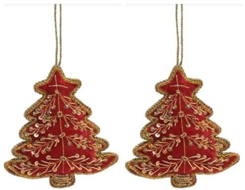 Pair of Red Velvet Padded - Hand Embellished - Pine Tree Shaped Christmas Hanging Bauble/Tree Decoration - 9.5 cm