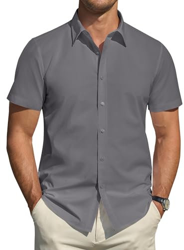 J.VER Men's Dress Shirt Short Sleeve Shirts Dark Grey Flex Button Up Business Casual Plain Formal Shirts 4XL