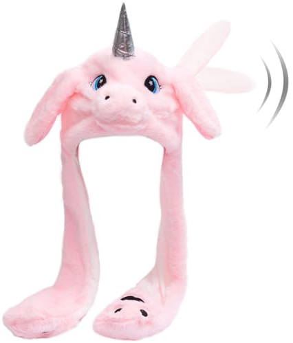 Hpfulseazn Ear Moving Jumping Warm Plush Animal Hats Movable Dancing Ear Flap Hat Earflaps Movable Fluffy Cap(Pink Unicorn)