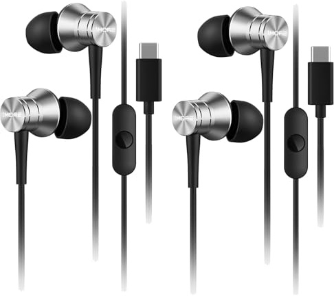 1MORE Confezione da 2 cuffie USB-C a pistone, auricolari in-ear con microfono, isolamento acustico e pulsante di controllo, auricolari cablati resistenti per iPhone 15, Pixel 10, OnePlus (argento)