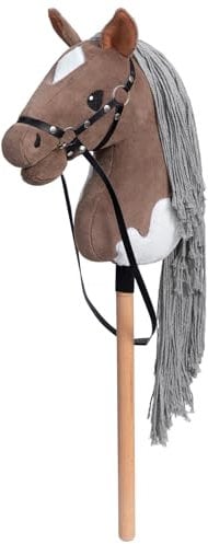 BEJOY Steckenpferd Spielzeug Pferd, Hobby Horse Holzpferd Plüschpferd zum Reiten für Kinder mit Halfter und Trense, Braun-Weiß