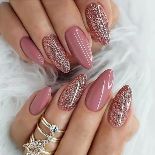 24 Stück Oval Nägel Zum Aufkleben,Press On Nails Oval,Natürlich Acrylic Künstliche Nägel,Glossy Kunstnägel Press on Nails für Frauen und Mädchen (einfarbiger glitzer, 24 Stück)