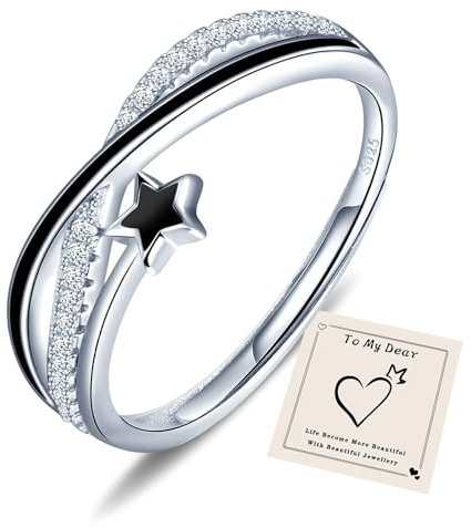HEEYA Ring für Damen Sternring Silber 925 Plattiert Ringe mit Stern Zirkonia Offen Verstellbare Fingerring Hypoallergen Daumenringe Unisex Schmuck mit Geschenkbox - Schwarz