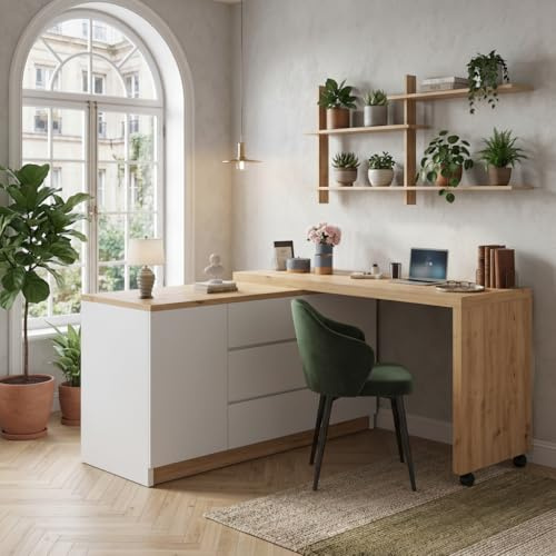 Ligterra Faltbarer Schreibtisch, Schreibtisch mit Schubladen, Eckschreibtisch, Sideboard, mit Feststellbaren Rollen, Drehbare Tischplatte, Fest Arretierbar, 120×50×76.5cm (Weiß+Eiche)