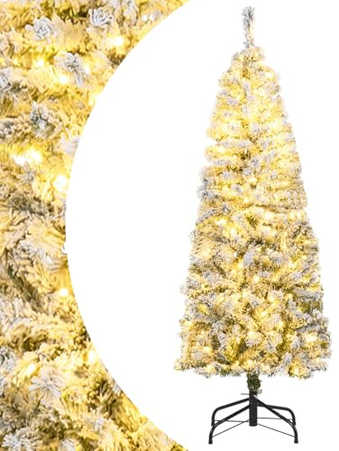 SPOTRAVEL 5FT/6FT Pre-lit Artificial Christmas Tree, Hinged Snow Flocked Xmas Tree with LED Lights & Folding Metal Stand, Holiday Pencil Xmas Tree for Home Office Party (150 cm) | Hinged Snow Flocked Xmas Tree with LED Lights & Folding Metal Stand, Holiday Pencil Xmas Tree for Home Office Party