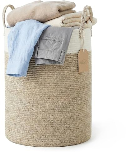 Ribech Panier à Linge en Corde Tressée, 58L Grand Panier de Rangement – Deux Tons Brun & Blanc, avec Poignées pour Chambre, Salon & Chambre d‘Enfant (38x38x50 cm)