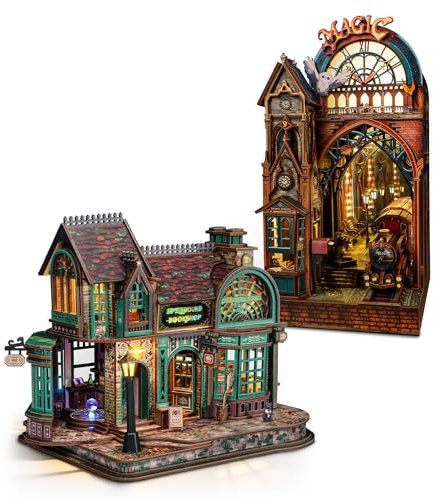 FUNPOLA 3D Holzpuzzle Magic Station Book Nook & Spellbound Buchladen Kit mit LED-Lichtern - DIY Miniatur Kreativkits für Fantasy-Liebhaber, Wohnkultur und entspannendes Basteln