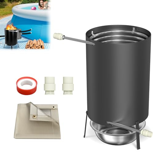 ACXIN 1 Stück Poolheizung mit Feuer, Anschlüsse Edelstahl Feuertonne Brennholz Pool Heizung mit Heizspirale für Schwimmbäder, Poolofen Heizungen inkl. Matte & Restasche Auffangwanne, Schwarz