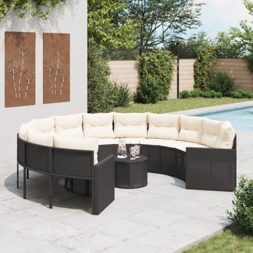 IBUQDDV Rundes Gartensofa mit Tisch und Kissen in Schwarz aus Poly-Rattan, Outdoor-Sitzgruppe mit Glasplatte und Polsterauflagen für Terrasse, Garten oder Innenhof, wetterbeständige