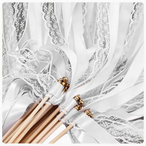 30 Stück Wedding Wands – Romantische Zauberstäbe Hochzeit mit Glocke und Bändern – Hochzeitsdeko für Spalier – Standesamt Deko, Auto Dekoration für Gäste (Weiß)