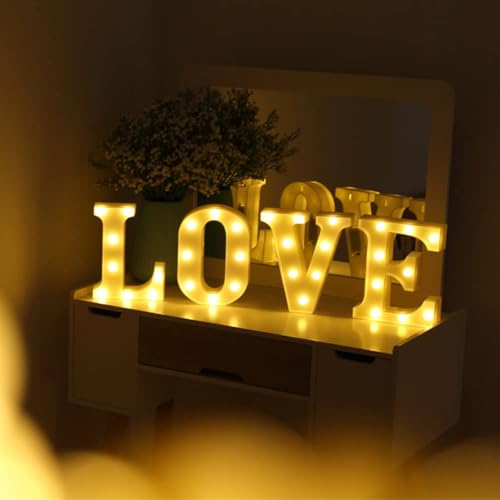 Romantische LED Neon Love Buchstaben – 4er Set Nachtlichter für Schlafzimmer, Hochzeit, Valentinstag, Party, Heiratsantrag – Deko für Wand & Fenster – Warmweiß – Batteriebetrieben