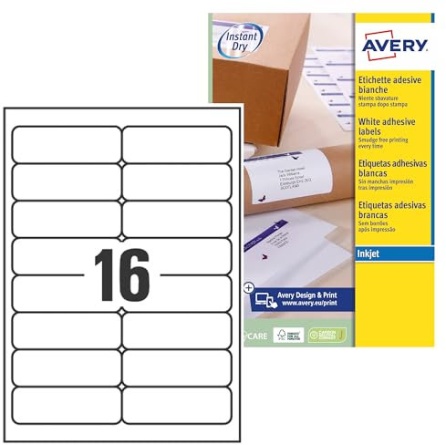 Avery schnelltrocknende Adressetiketten für Tintenstrahldrucker 16 pro Blatt 99,1 x 33,9 mm 400 Etiketten weiß