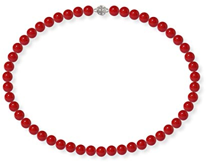 Schmuckwilli Perlenkette für Damen Magnetverschluß - 45cm Länge mit 8mm großen roten runden Mallorca Perlen - Muschelkernperlen Kette für jeden Anlass - die Halskette Pearl Necklace für Frauen