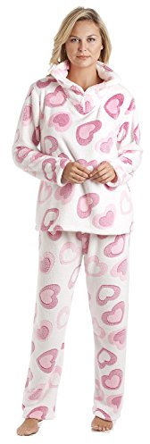 Camille, Pigiama da donna a maniche lunghe in morbido pile Cuore rosa e bianco. 44-46