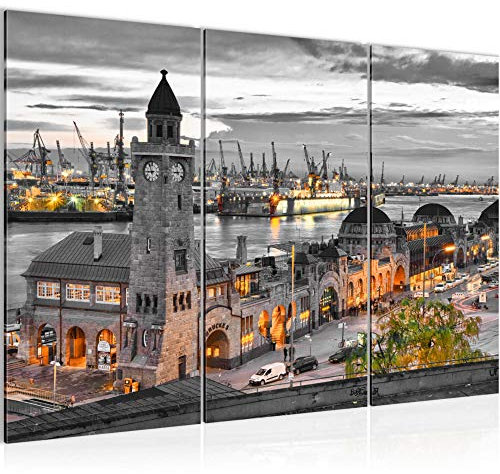 Runa Art Wandbilder Hamburg Bild XXL Wohnzimmer Schlafzimmer Grau Stadt Hafen 120 x 80 cm 3 Teilig 603031b