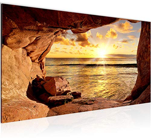 Runa Art Wandbild Sonnenuntergang Strand 1 Teilig 100 x 40 cm Modern Bild auf Vlies Leinwand Panorama Schlafzimmer Wohnzimmer Beige Braun 608612a
