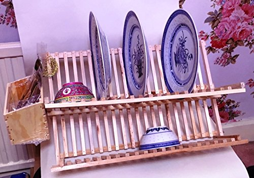 Cookware company Plate &Cutlery Combined Racks 2-Tier Pine wood Dish Drying Rack 52cm: Folding kitchen dish drainer With Hanging cutlery Holder