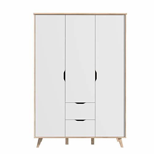 FORTE VANKKA Schrank 140 200, Kleiderschrank 2 Schubladen, Schlafzimmerschrank Jugendzimmerschrank, Kinderzimmer Skandinavisch 3-türig Weiß / Planked Eiche, 139 cm breit x 201.5 cm hoch x 53 cm tief