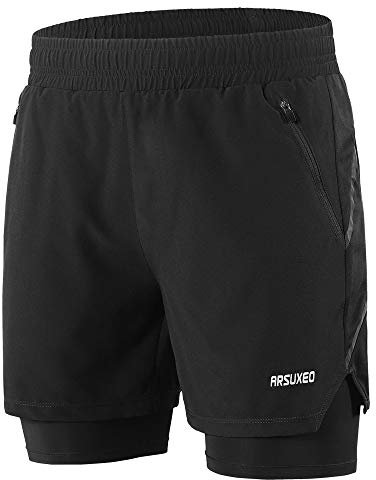 Lixada 2 in 1 Shorts Men Quick Drying Breathable Active Training Exercise Jogging Marathon Cycling Work-Out Shorts with Zipper Side Pockets Longer Liner & Reflective Elements (Black, L)